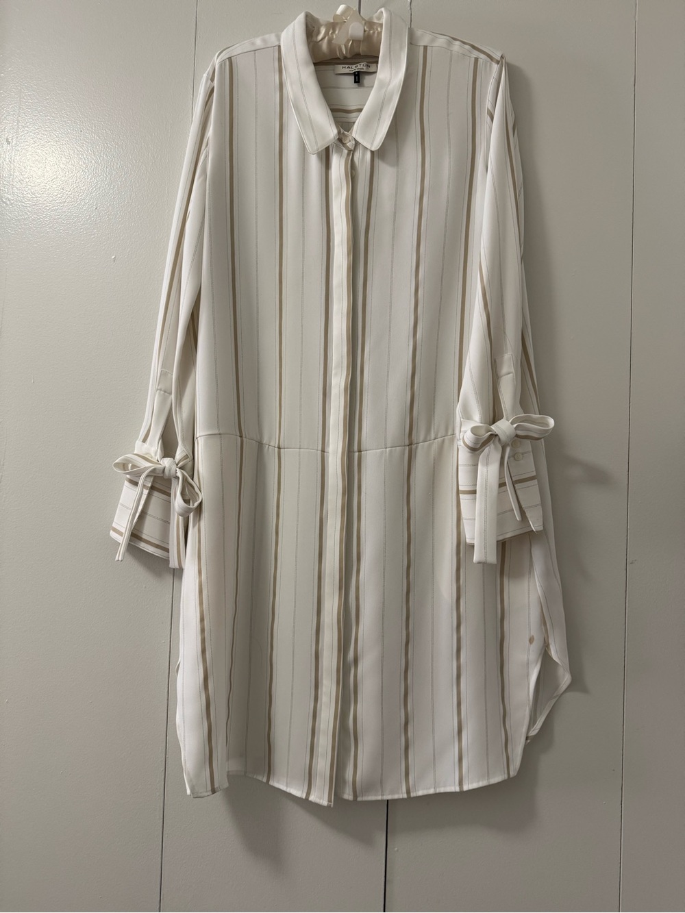 Halston Heritage Cream and Beige Striped Long Shirt Dress